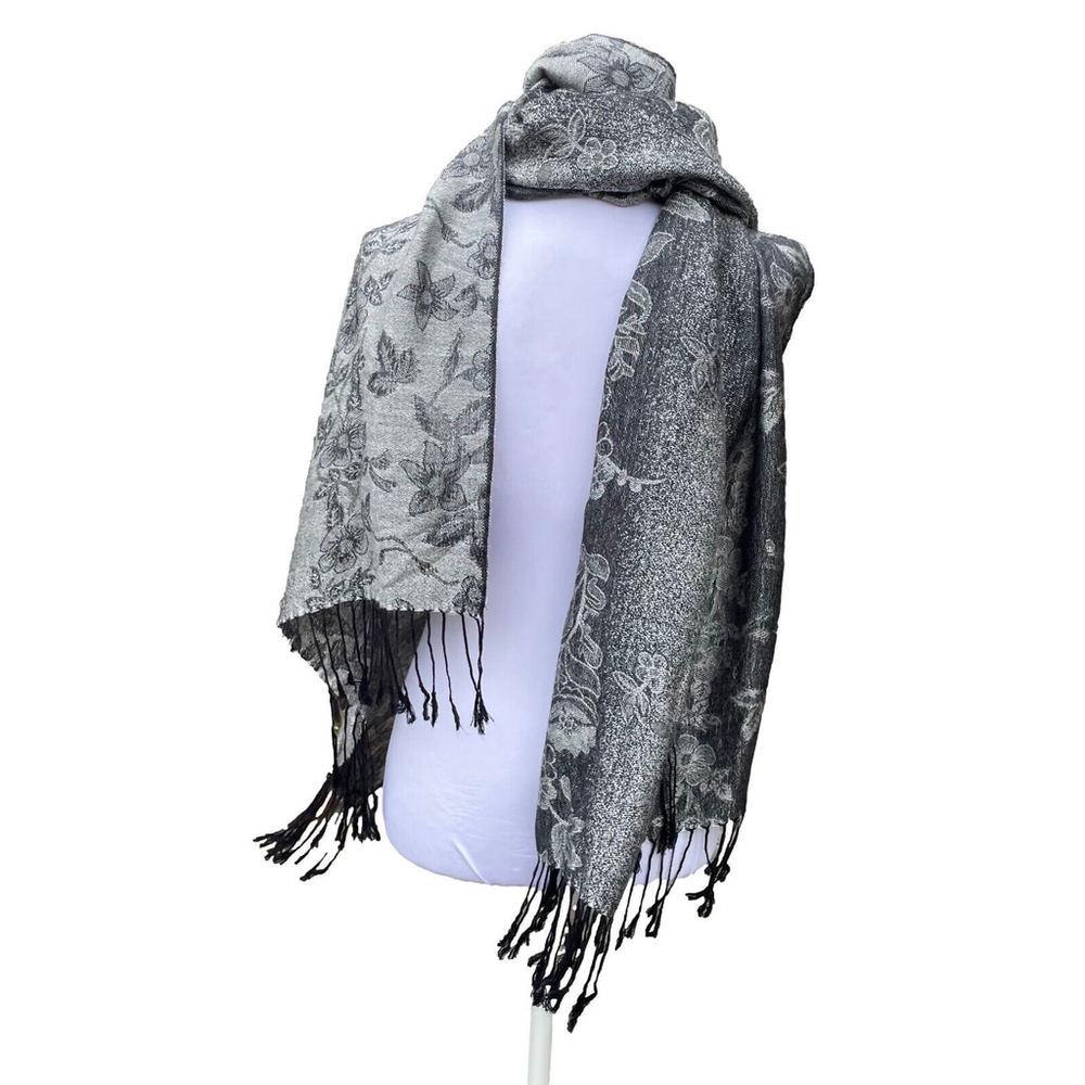 29 Palms Silver Black Floral Oversized Reversible Scarf Fringe